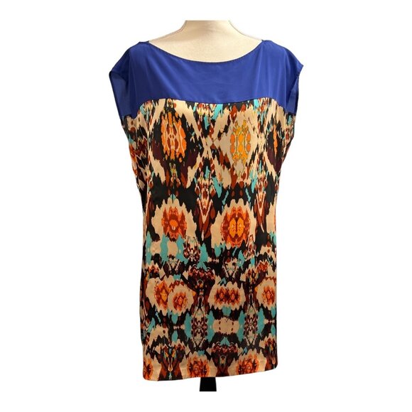 Soft Surroundings Dress Women L Blue Satin Abstract Mini Sheath Boat Neck Artsy - Picture 1 of 7